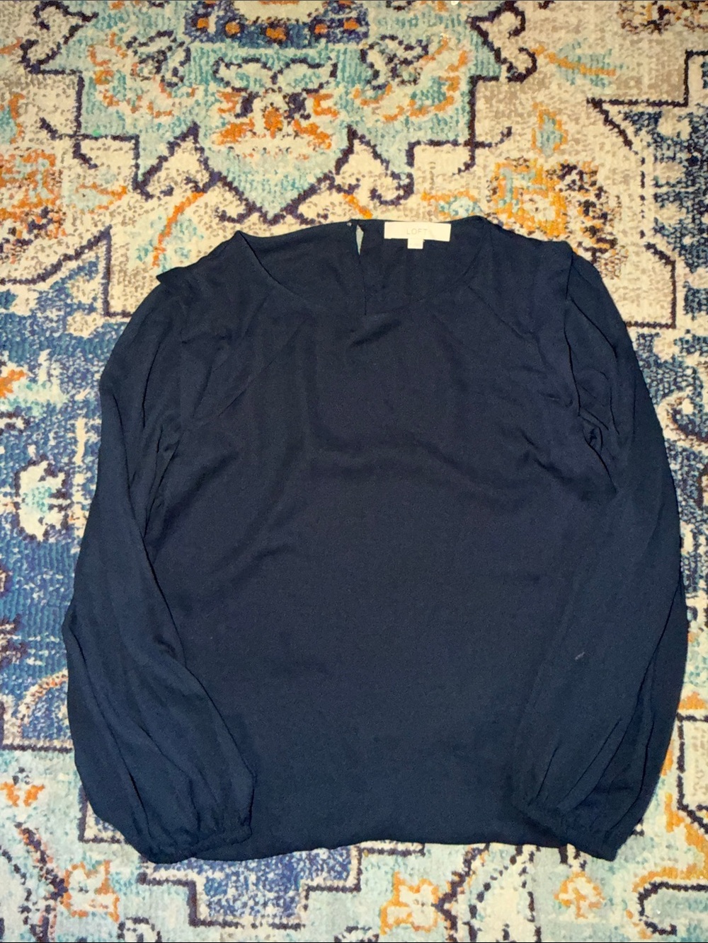 LOFT Navy Long-Sleeve Blouse with Gathered Cuffs